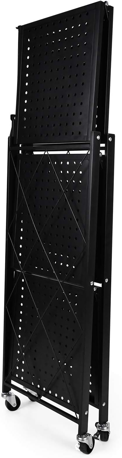 HealSmart 3-Tier Foldable Metal Rack, 27.95" D x 13.39" W x 33.85" H Storage Shelving Unit with Wheels Moving Organizer Shelves for Garage Kitchen, Black