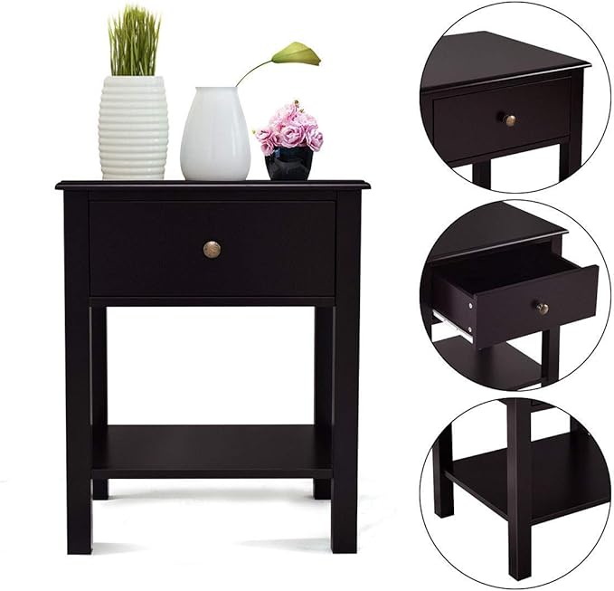 Giantex Nightstand Set of 2, 2-Tier End Table with Drawer and Open Storage Shelf, Modern Bedside Tables, Wooden Side Table Night Stand for Bedroom, Dorm, Small Spaces, Easy Assembly, Espresso