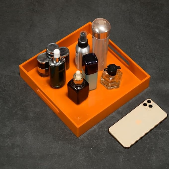 Orange Sturdy Acrylic Serving Tray with Handles-10x10Inch-Serving Coffee,Food,Breakfast,Butler-Kitchen Countertop Tray-Makeup Drawer Organizer-Vanity Table,Ottoman Tray-Decorative Tray-NeatNest
