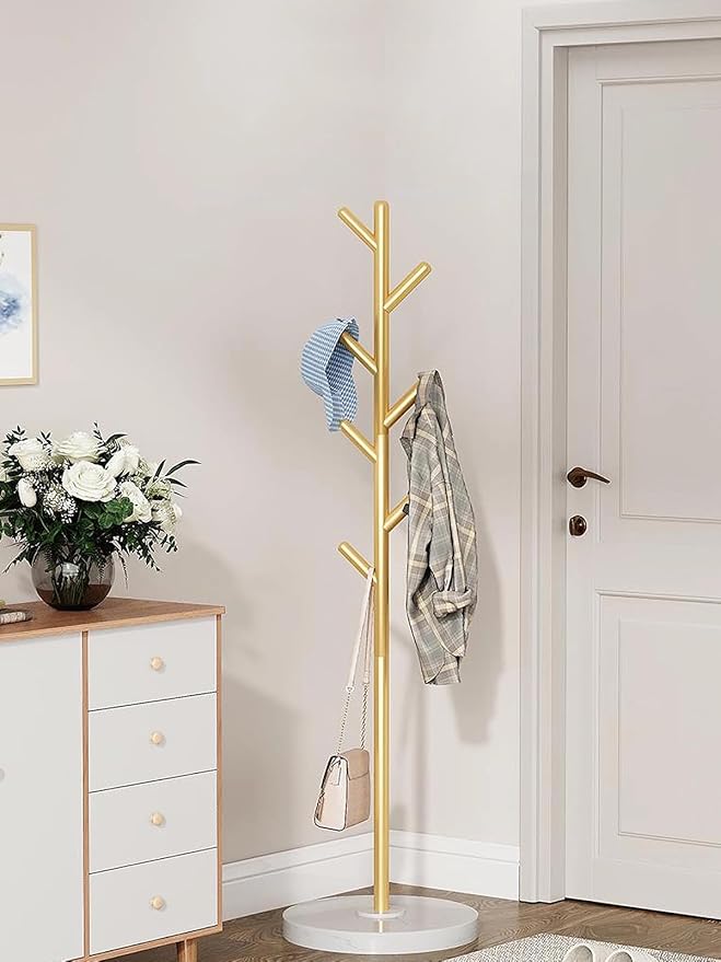 Freestanding Coat Rack with Natural Marble Base, 7 Heavy-Duty Hooks, Adjustable Height for Bedroom/Office/Hallway (Gold)-NeatNest