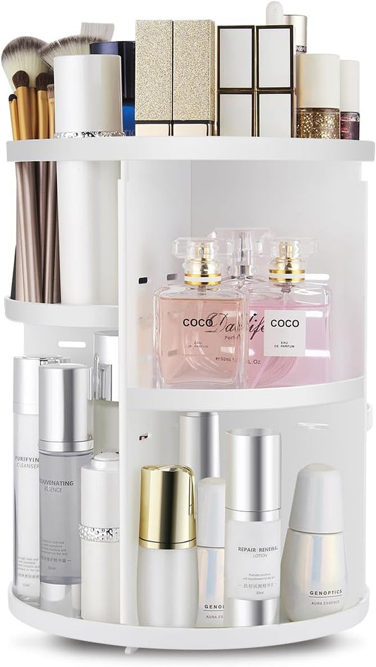 360 Rotating Makeup Organizer,DIY Adjustable Spinning Holder,Foldable Cosmetic Storage Display box,Large Capacity Make up Caddy Shelf,Fits Countertop Vanity and Bathroom (WHITE)-NeatNest