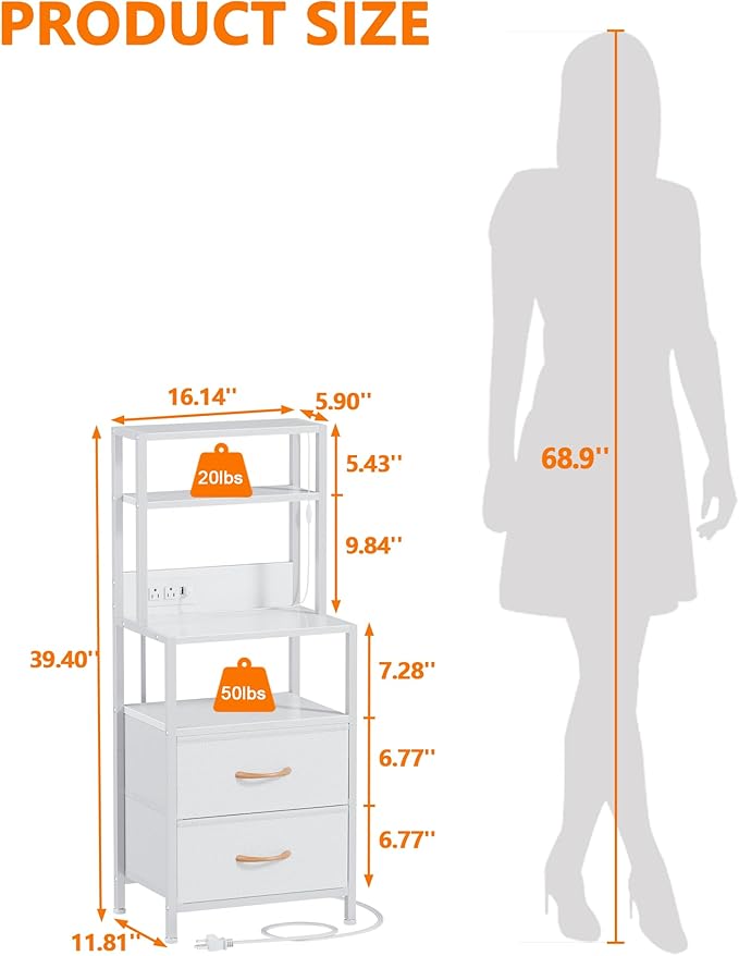 Furnulem Night Stand, Tall Bed Nightstand with 4-Tier Shelves, 2 PU Fabric Drawers and Light Tube, Bed Side Tables with Charging Station, Bedside Table for Bedroom, White
