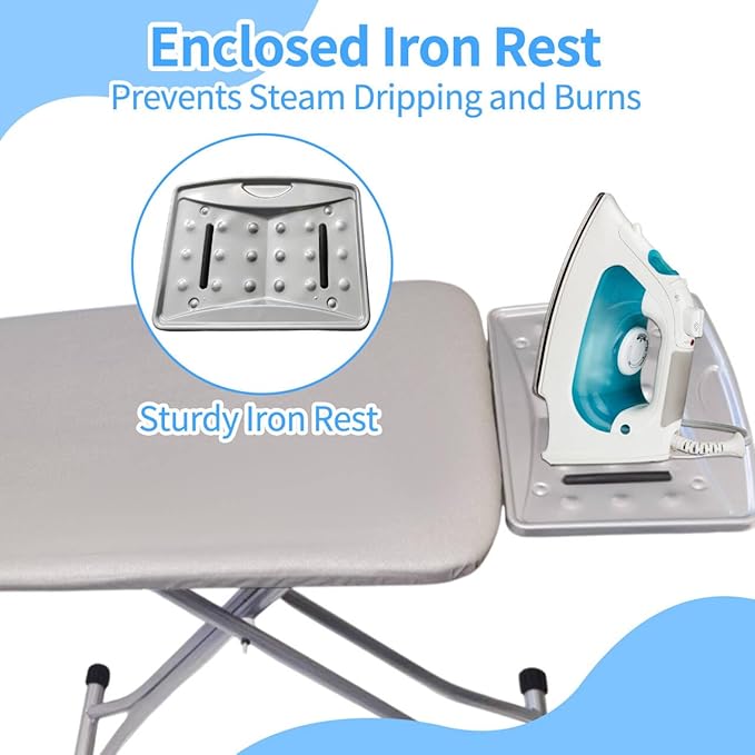 Foldable Ironing Board, 43"x15" Heavy Duty Wide Iron Board with Iron Rest, Heat Resistant Cover with Thick Padding, Sturdy Steel Frame, Height Adjustable, Silver Grey