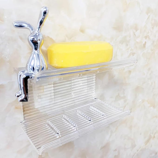 Double Layer Soap Holder, Wall Mounted NO-Drilling Self Draining Soap Dish with Rabbit Ornament, High Transparency Acrylic Bar Soap Sponge Holder for Shower, Bathroom, Bathtub, Kitchen Sink (Stripe)-NeatNest