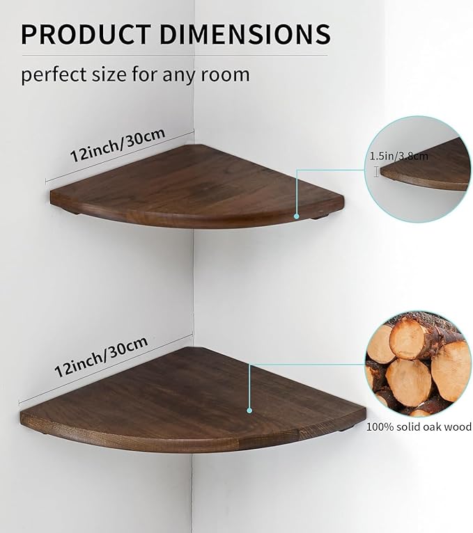 Corner Shelves, Floating Corner Shelf, Set of 2 12inch Solid Oak Wood Corner Wall Shelves, Round End with Wire Hole for Small Plant for Bedroom Kitchen, Living Room-NeatNest