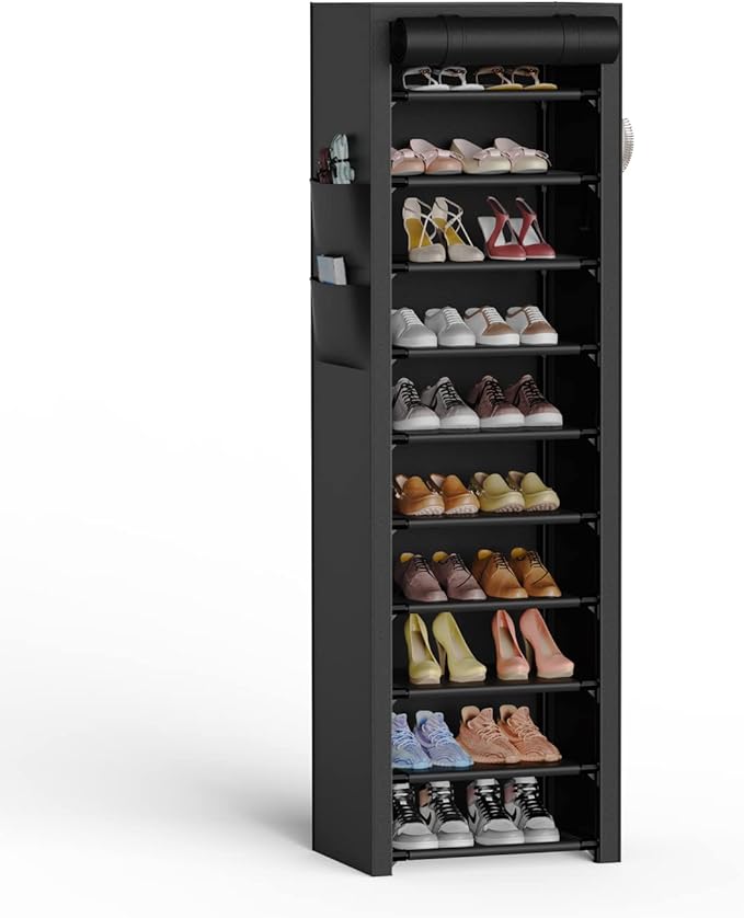VTRIN Vertical Narrow Shoe Rack Organizer Tall Shoe Rack for Closet Entryway 10 Tier Non-Woven Cover Shoe Shelf Holds 20-22 Pairs Free Standing Shoe Storage Cabinet with Dustproof Cover, Black-NeatNest