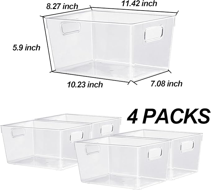 4pcs Clear Storage Bins Clear Storage Containers for Kitchen Pantry Organization, Organizing Bins with Built in Handles, Cabinet Organizers