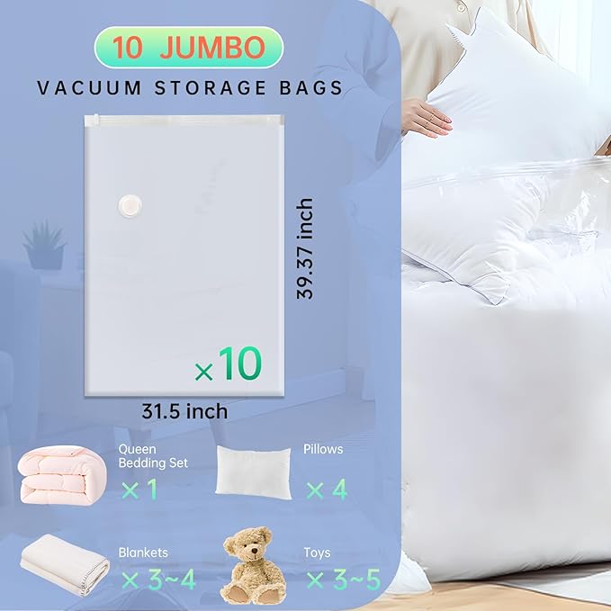 10 Jumbo Vacuum Storage Bags, Vacuum Seal Bags for Clothing, Pillows, Comforters, Blankets, Space Saver Bags with Hand Pump