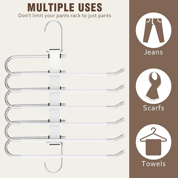 4 Pack 6-Tier Space Saving White Pant Hangers, Anti-Slip, Lightweight, Stainless Steel, Ideal for Closet Organization, Free Installation-NeatNest