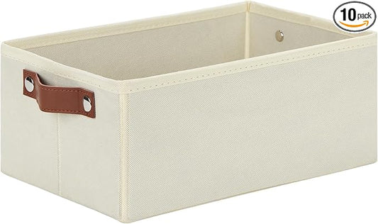 DULLEMELO Fabric Storage Bin with PU Handles, Decorative Basket and Organizer, Collapsible Bin for Toy and Clothes Storage (Light Beige, 11.8L*7.9W*5.1H)-NeatNest