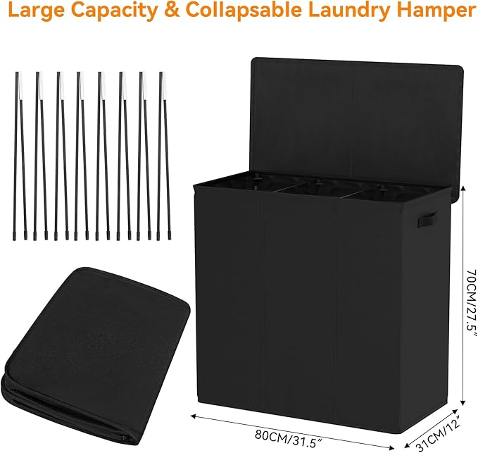 WOWLIVE 180L Laundry Hamper with Lid 3 Section,Large Laundry Basket with Removable Bags and Handles,Collapsible Dirty Clothes Hampers for Laundry,Laundry Basket Organizer for Laundry Room,Dorm,Black-NeatNest
