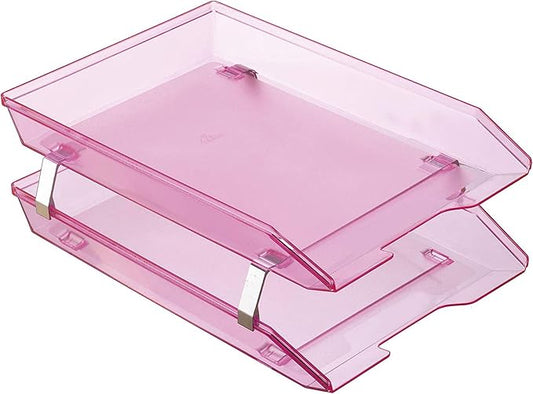 Acrimet Facility 2 Tier Letter Tray, Front Load, Letter Size/A4, Desktop File Organizer, Plastic (Clear Pink Color)-NeatNest