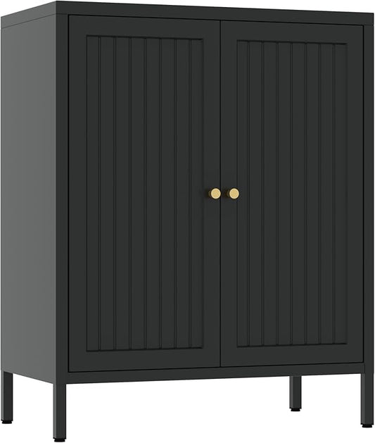 2 Door Metal Accent Cabinet, Small Sideboard, Locker Style Accent Storage Cabinet with Doors and Adjustable Shelves for Home, Office, Living Room, Kitchens (Stripe Door, Black)