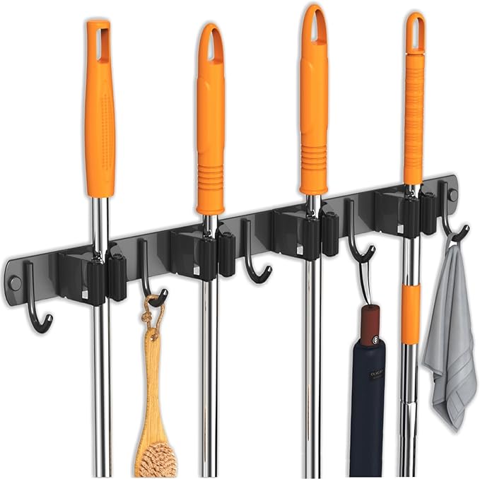 Mop and Broom Holder Wall Mount, Upgraded Broom Organizer Wall Mount, Stainless Steel Broom Hanger Wall Mount for Kitchen Garden Laundry Room Decor(4 Racks with 5 Hooks Black)-NeatNest