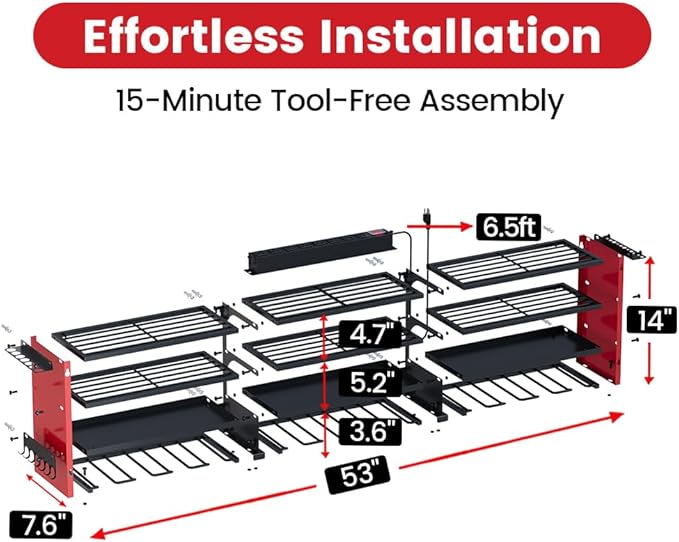 4 Layers Power Tool Organizer Wall Mount with Power Strip, Heavy Duty Metal Shelf, 400lbs Capacity for Cordless Drills, Batteries & Garage Storage (12 Slots with 8 Outlets Power Strip)