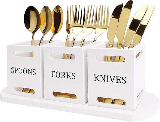 Ayiaren Wooden Flatware Silverware Caddy White Cutlery Holder with Wood Tray Utensils Holder for Kitchen Counter Wood Silverware Organizer for Table Countertop Knife Fork and Spoon Holder for Party-NeatNest
