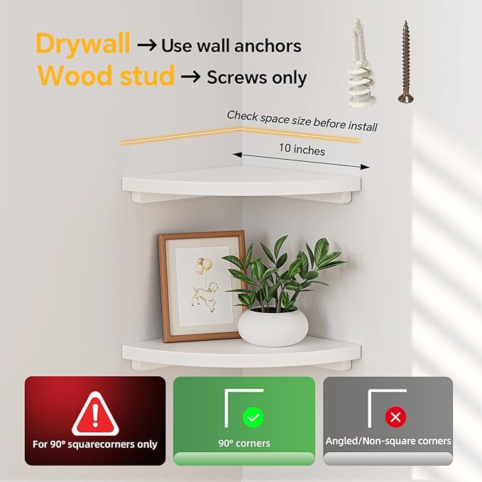Floating Corner Shelves White 10", Solid Oak Wall Mounted Wooden Display Storage Rack with Wire Hole for Plants, Photos, Speakers, Bedroom, Kitchen, Living Room Décor - 1-Pack-NeatNest