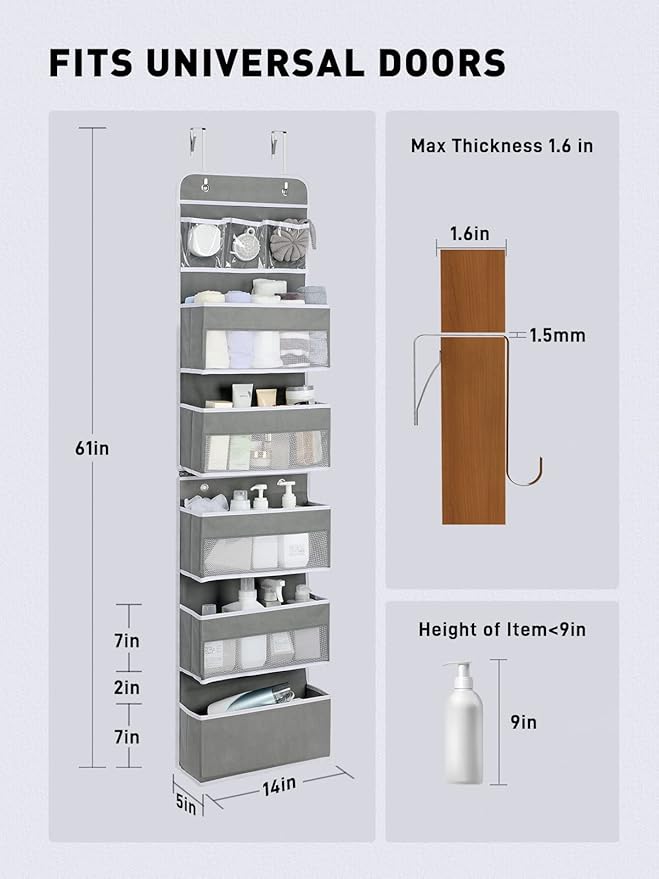 Yecaye 6-Tier Over the Door Storage Organizer, Flexible 1 Split into 2 Swing-proof Hanging Bathroom Storage Organization, Bedroom Organizer and Storage for Newborn Baby Essentials, Grey-NeatNest