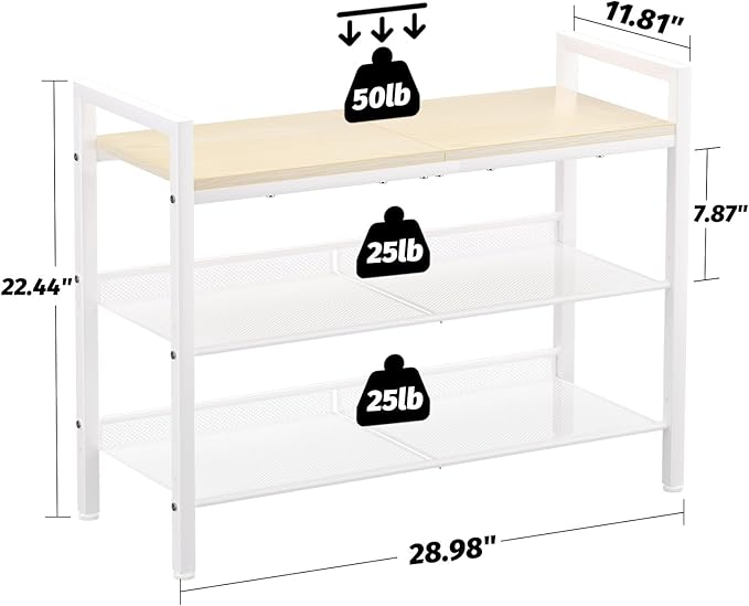 Shoe Rack for Front Door Entrance, 3 Tier Shoe Rack for Entryway, Shoe Shelf for Closet, Metal Shoe Racks Organizer with Sturdy Wooden Top & Steel Frame,(White+Beige)-NeatNest