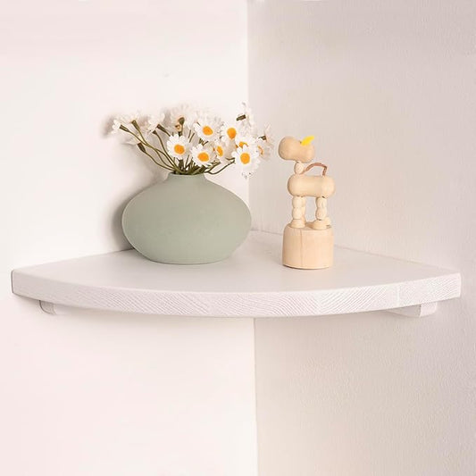 Floating Corner Shelves White 10", Solid Oak Wall Mounted Wooden Display Storage Rack with Wire Hole for Plants, Photos, Speakers, Bedroom, Kitchen, Living Room Décor - 1-Pack-NeatNest