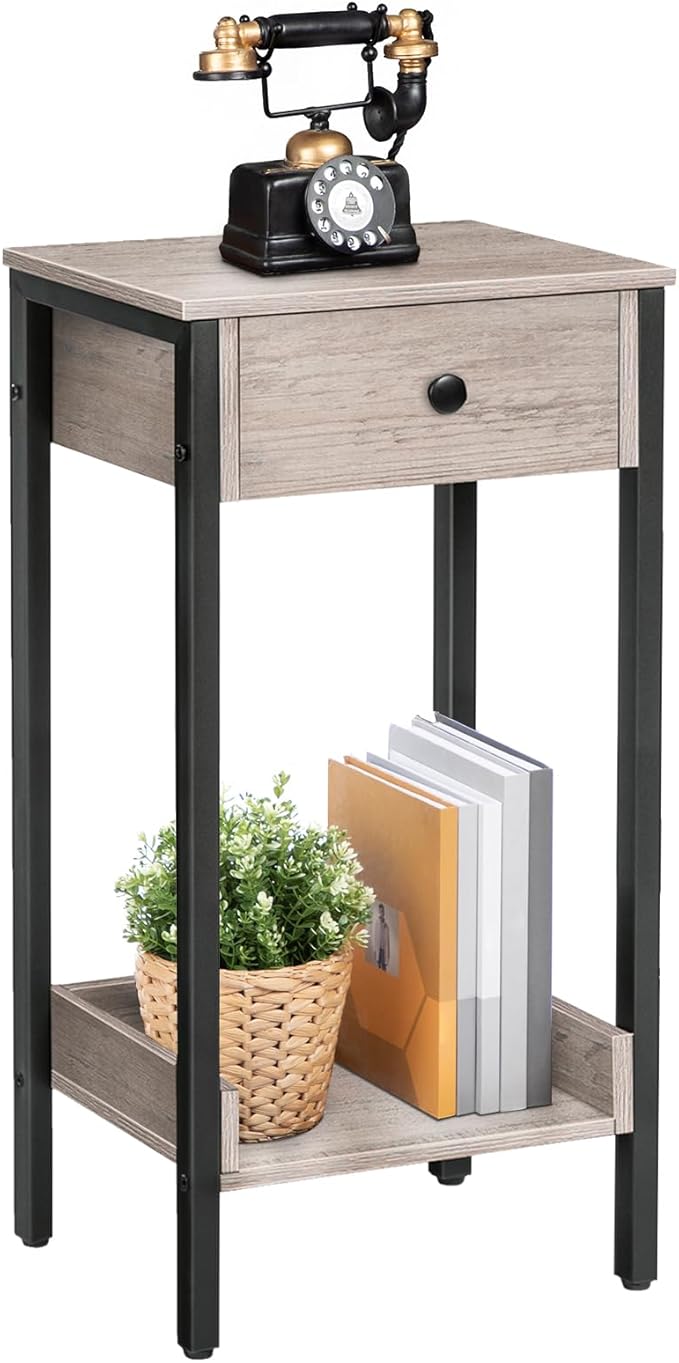 HOOBRO Tall End Table, Nightstand, Industrial Side Table with Drawer and Storage Shelf, for Study, Bedroom, Space Saving, Greige and Black BG71BZ01