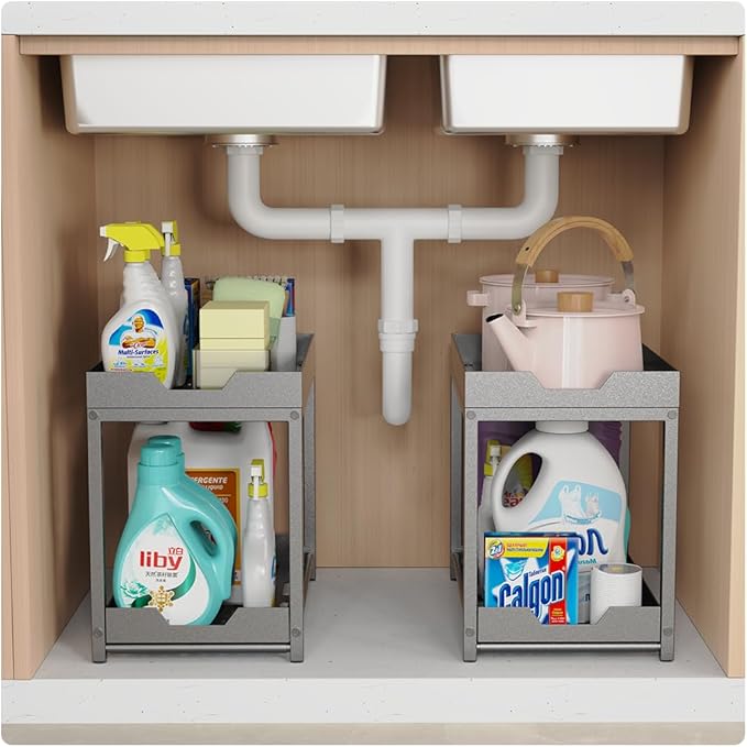2 Packs Under Sink Organizers, 2 Tier Bathroom Organizers and Storage, Pull Out Cabinet Organizer Shelf, Metal Sliding Drawer for Kitchen Pantry Cabinet Closet Organization Rack (Black, 2 Pack)
