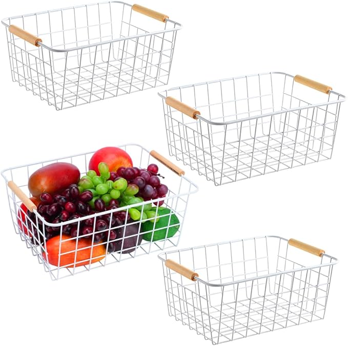 LeleCAT White Wire Baskets for Organizing with Handles，Pantry Organizers and Storage For Kitchen, Household Snack Basket for Cabinets, Closets, Bedrooms,food - Set of 4(White)-NeatNest