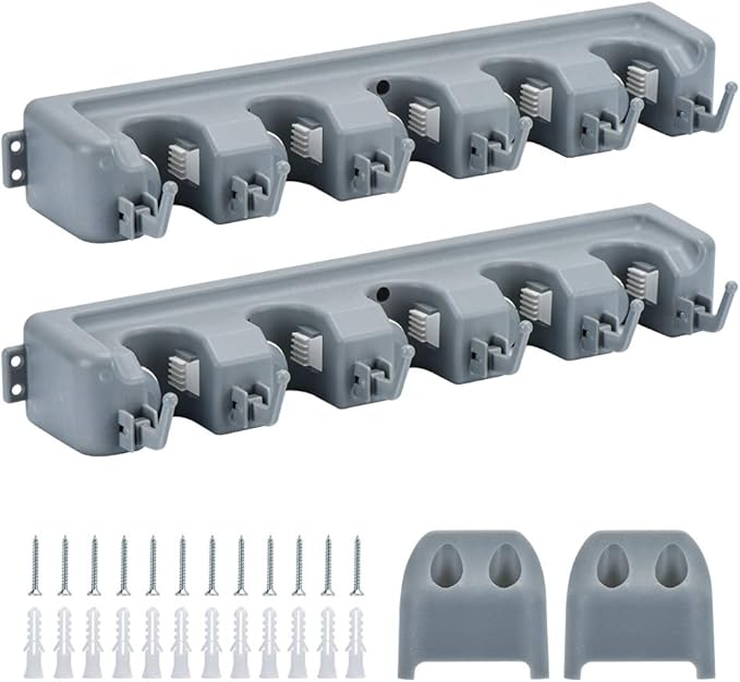 HOME MASTER HARDWARE (2 Pack 16 in Broom Mop Holder Garage Storage Organizer with 5 Racks 6 Hooks Adjustable Wall Mounted Storage Tool for Lanudry Garage Kitchen Garden-NeatNest