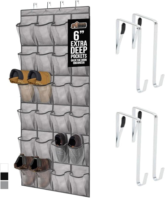 GORILLA GRIP Over the Door Shoe Organizer, 24 Extra Large Breathable Mesh Pockets, Space Saving Hanging Storage Holder, 4 Hook Closet Rack Hanger, Hangs on Closets for Shoes and Accessories, Gray-NeatNest