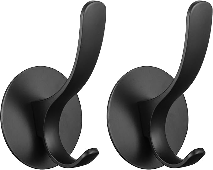 GERUIKE Adhesive Towel Hooks 2 Pack,Matte Black 304 Stainless Steel Hand Towel Hooks for Bathroom Kitchen Wall Mounted Adhesive Coat Robe Clothes Door Hook