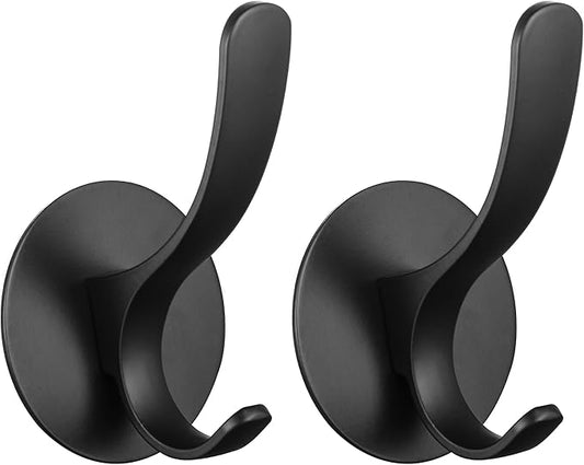 GERUIKE Adhesive Towel Hooks 2 Pack,Matte Black 304 Stainless Steel Hand Towel Hooks for Bathroom Kitchen Wall Mounted Adhesive Coat Robe Clothes Door Hook