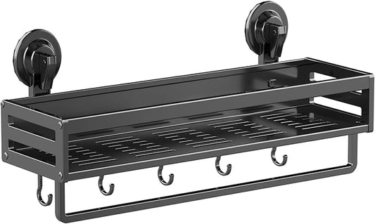 Shower Caddy Suction Cup,15.7 inch Suction Shower Shelf with Hooks NO-Drilling Bathroom Holder, Rustproof Bathroom Organizer, Dark Grey