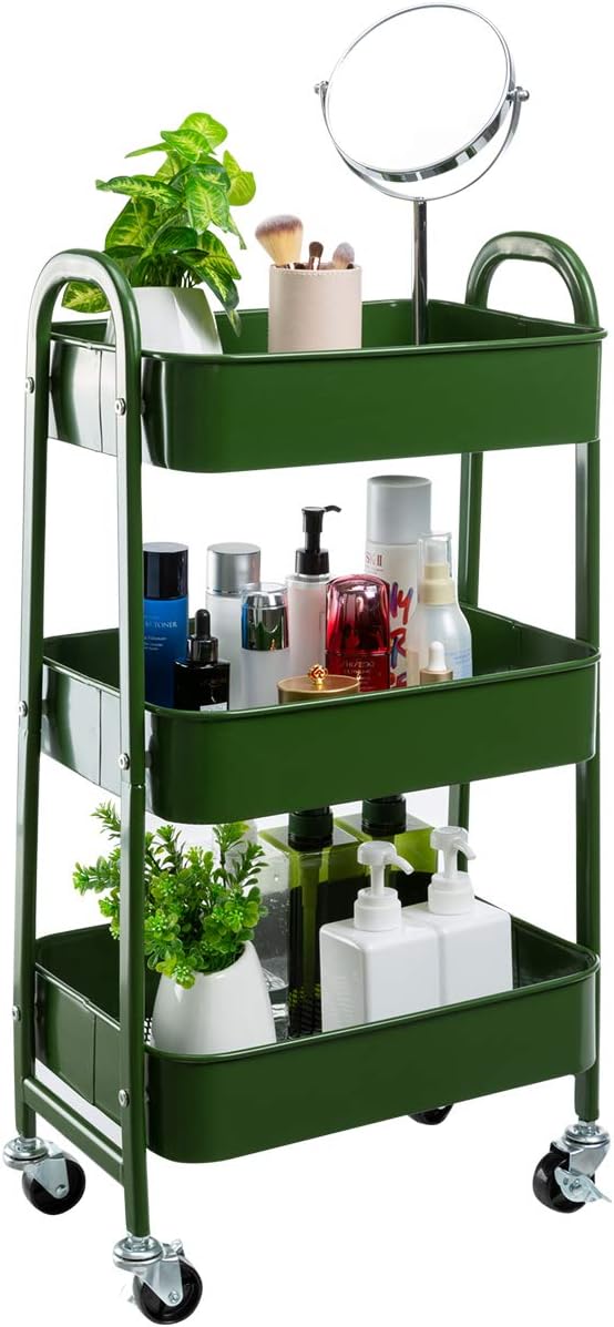 AGTEK Makeup Cart, Movable Rolling Organizer Cart, Bluish Green 3 Tier Metal Utility Cart-NeatNest
