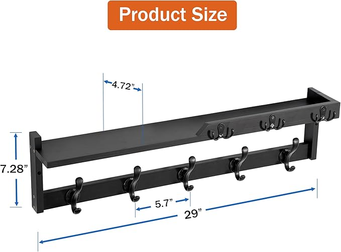 29'' Coat Rack Wall Mount with Shelf, Coat Hanger Wall Mount with Key Hooks and Mail Holder, Wood Entryway Floating Shelf with Hooks and Storage, Hat Rack for Wall Key Holder Mail Organizer
