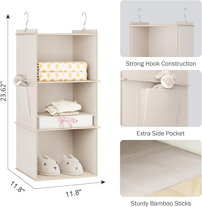 Hanging Closet Organizer, 3-Shelf Closet Hanging Storage Shelves, Beige-NeatNest