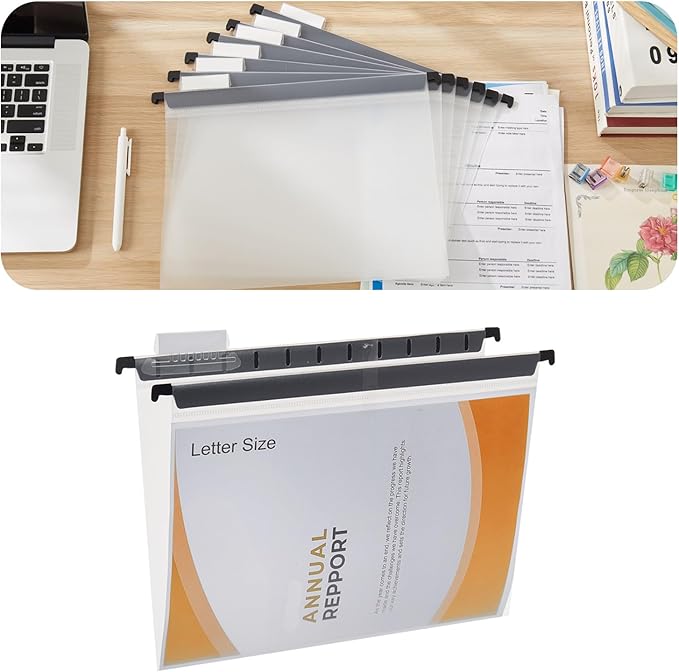 20 Piece Transparent Hanging Folder, Letter Size, with 1/5 Cut Adjustable Label, polyethylene Hanging File Folder 9.5x11 inch, Suitable for Office, Home, School