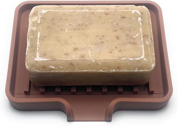 Happitasa Silicone Soap Dish Tray and Sponge Holder with Drain Chute, Pack of 2 | Bathroom and Kitchen Sink Organizer Caddy (Mocha, 5.2"x4", 7.2 Ounces)-NeatNest