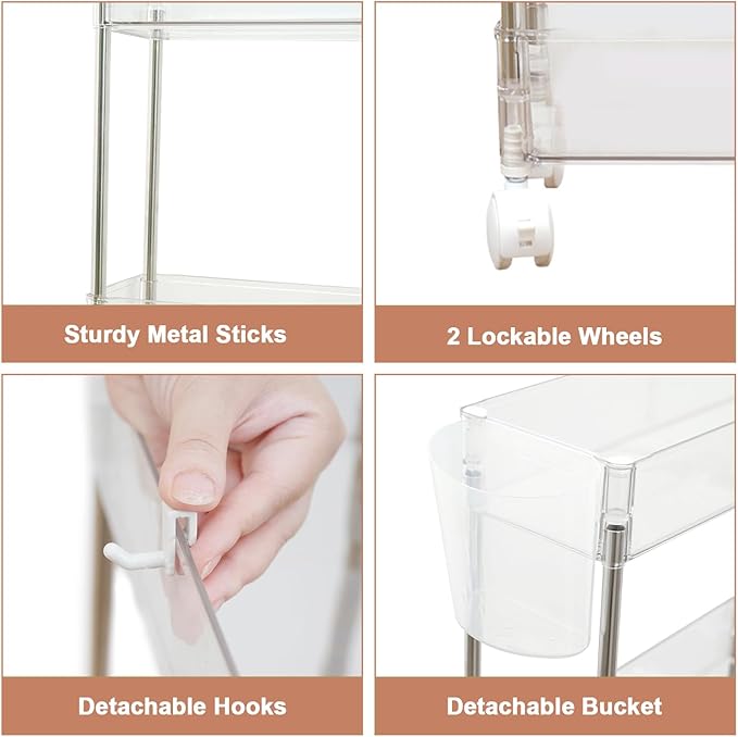 VECELO Acrylic 4-Tier Rolling Cart, Slim Utility Cart for Storage, Mobile Storage Cart with Lockable Wheels Hooks&Bucket for Office,Kitchen,Laundry Room Bathroom Living Room, Clear