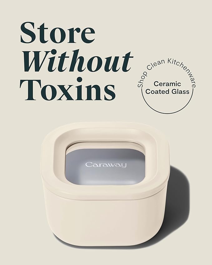 Caraway Mini Square Food Storage Container - 1.75 Cup Glass Storage Container for Food - Non-Toxic Ceramic-Coated Glass - Air Release Technology - Compact & Stackable Design - Cream-NeatNest