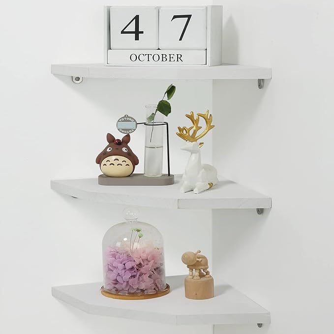 Joiishom Corner Wall Shelf Set of 3, Floating Corner Shelves, Rustic Wood Wall Storage Display Shelves for Living Room Bedroom Bathroom Kitchen (Fanshaped-White)-NeatNest