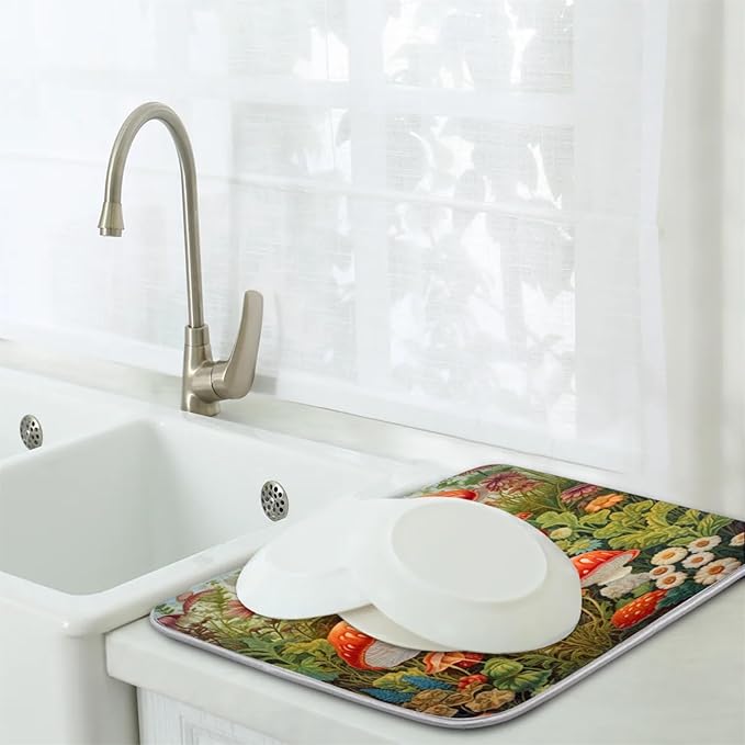 Dish Drying Mat Kitchen Counter - Absorbent Microfiber Drying Rack Pads Reversible Dish Pad Draining Mats for Countertop Coffee Mats,18x24 inch（Mushroom)