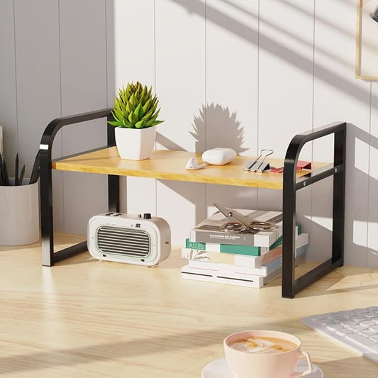Office Desk Shelf Organizer, Wood Desktop Bookshelf Supplies Storage Rack Shelf for Top Desk and Dresser and Cubicle Decor Bookshelf Monitor Stand Riser (Black Wood-single Tier, 15.75 Lx7.87 Wx8.46 H)-NeatNest