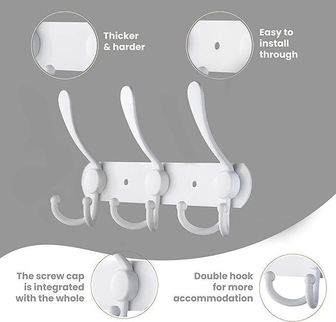 Coat Rack Wall Mounted,3 Tri Stainless Steel Coat Hook for Coat Hat Robes Towel in Mudroom Entryway (White, 2 Pack 3 Hook)-NeatNest