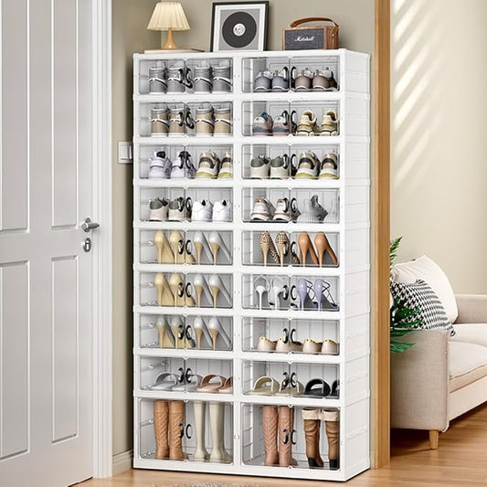 Shoe Rack Shoe Box Collapsible 9 Tiers 36 Pair Face Width 35.8" Storage Organizer, Large Containers Cabinet with Magnetic Clear Door and Wheels, Dustproof Sneaker&Boot Plastic Lid Tote, White-NeatNest