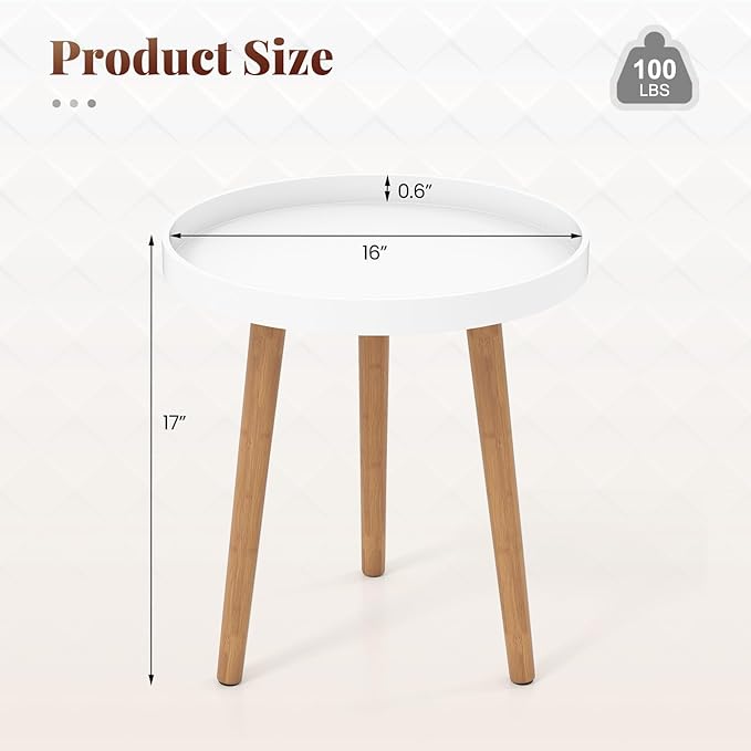 Giantex Round Side Table, End Table with Wooden Tray, Sturdy Tripod Stand & Premium Metal Connectors, Round Sofa Side Table for Living Room, Office, Bedroom Nightstand, White (1)