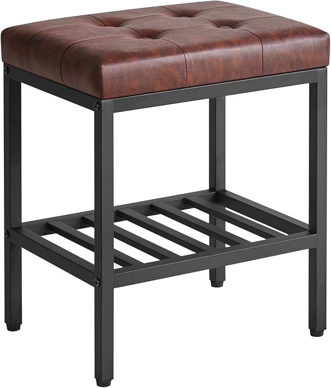 IBUYKE Rectangular Makeup Stool with Adjustable Feet and Storage Space, Footrest Chair, PU Vanity Seat, Multi-Use as Small Side Table or Ottoman, for Bedroom, Dark Brown WBD017Z