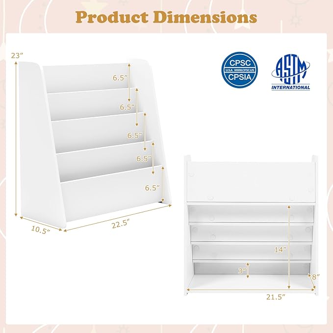 GLACER 4-Tier Kids Bookshelf, Wood Toddler Bookcase with Deep Magazine Display Shelf & Back Storage Space, Children Storage Organizer for Nursery, Playroom, Kids Bedroom, Classroom (White)