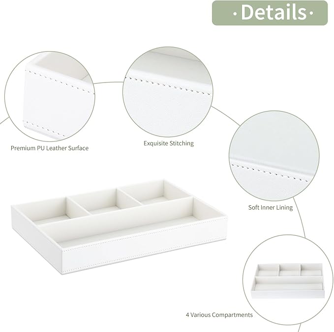 GORESE Faux Leather Valet Tray, Stackable Jewelry Trays for Dresser Table Drawer, Nightstand Organizer for Men Women, EDC Catch All Tray for Trinket, Key, Purse, Sunglass, Watch, Cologne, White-NeatNest