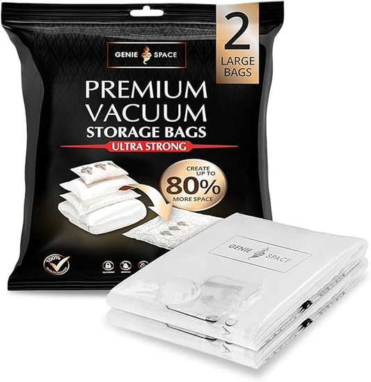 GENIE SPACE Large Vacuum Storage Bags - Pack of 2, 30x24in | Strong Space Saving Bags | Premium Airtight & Reusable Vacuum Bags for Clothes, Bedding, Towels, Soft Toys, Cushions & More-NeatNest