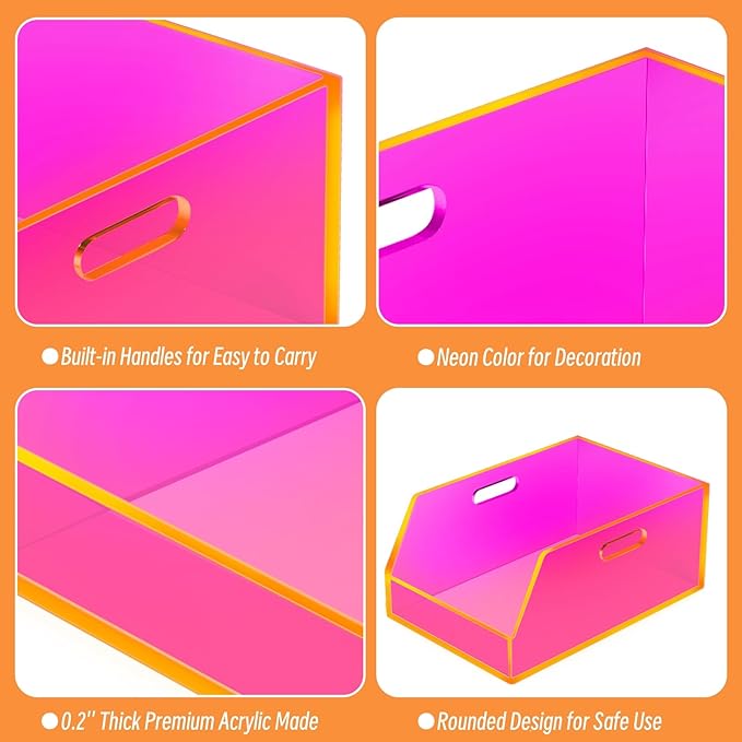 Gelite Stackable Large Storage Bin Organizer with Handles Acrylic Storage Container for Toy Pantry Kitchen Cabinet Bathroom Closet Office Organization, 15.4x11.4x6.7'', Neon Pink